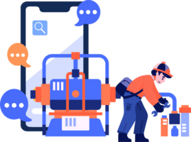 Hand Drawn Engineer or repairman character with smartphone in online repair concept in flat style png