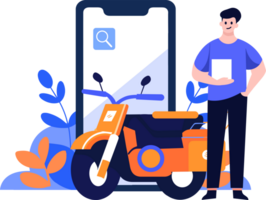 mão desenhado motocicleta mecânico personagem com Smartphone dentro a conceito do conectados reparar técnico dentro plano estilo png