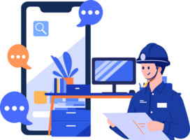 Hand Drawn Engineer or repairman character with smartphone in online repair concept in flat style png