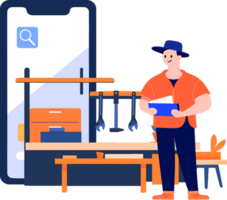 Hand Drawn Engineer or repairman character with smartphone in online repair concept in flat style png