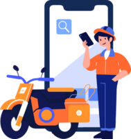 Hand Drawn Motorcycle mechanic character with smartphone In the concept of online repair technician in flat style png
