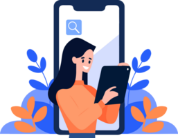 Hand Drawn Female character talking with smartphone in online communication concept in flat style png