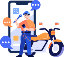 Hand Drawn Motorcycle mechanic character with smartphone In the concept of online repair technician in flat style png