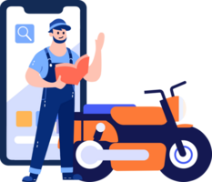 Hand Drawn Motorcycle mechanic character with smartphone In the concept of online repair technician in flat style png