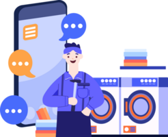 Hand Drawn Engineer or repairman character with smartphone in online repair concept in flat style png