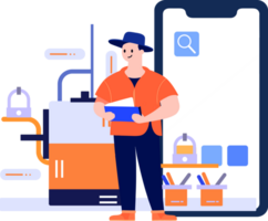 Hand Drawn Engineer or repairman character with smartphone in online repair concept in flat style png