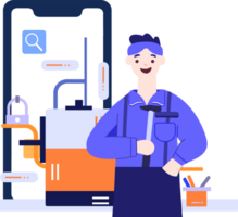 Hand Drawn Engineer or repairman character with smartphone in online repair concept in flat style png