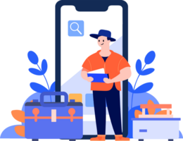 Hand Drawn Engineer or repairman character with smartphone in online repair concept in flat style png