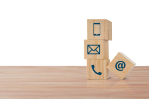 wooden block cube with telephone, email, address icon isolated on transparent background. Concept of contact us or customer support theme png