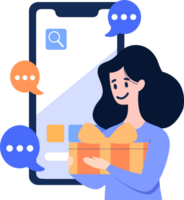 mão desenhado fêmea personagem segurando uma presente com Smartphone dentro conectados compras conceito dentro plano estilo png