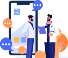 mano disegnato medico e paziente personaggi con smartphone nel in linea medicina concetto nel piatto stile png