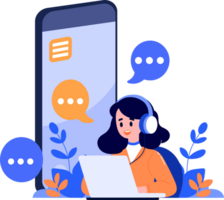 Hand Drawn Call center characters with smartphones in the concept of online support in flat style png