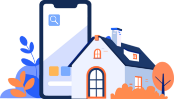 hand- getrokken huis of winkel met een smartphone in de concept van echt landgoed online in vlak stijl png
