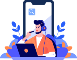 Hand Drawn Call center characters with smartphones in the concept of online support in flat style png