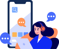 Hand Drawn Call center characters with smartphones in the concept of online support in flat style png