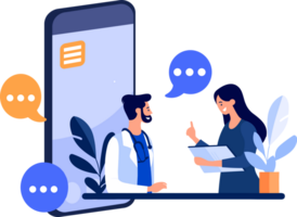 hand- getrokken dokter en geduldig tekens met smartphone in online geneeskunde concept in vlak stijl png