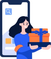 hand- getrokken vrouw karakter Holding een geschenk met smartphone in online boodschappen doen concept in vlak stijl png