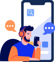 Hand Drawn Call center characters with smartphones in the concept of online support in flat style png
