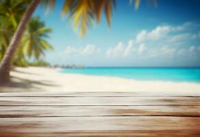 Summer panoramic landscape, nature of tropical beach with wooden platform, sunlight. Golden sand beach, palm trees, sea water against blue sky with white clouds. Copy space summer AI Generative photo