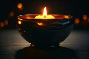 a lit candle in a decorative metal bowl. AI Generative photo