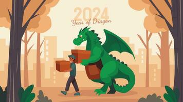 2024 Chinese New Year Green Dragon Vector Illustration Featuring a Green Dragon and People Engaged in Various Activities Perfect for Greeting Cards, Posters, Banners and more.