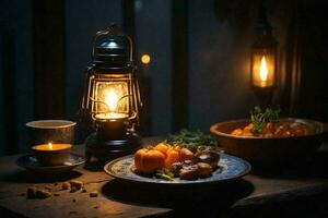 a table setting with Indian food and a lantern. AI Generative photo