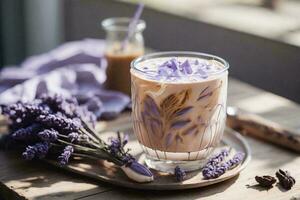 Iced Lavender Coffee Latte on a wooden table. AI Generative photo