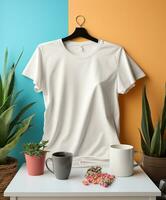 un cerrado Disparo de un llanura blanco camiseta Bosquejo ai generativo foto