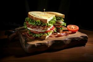 a sandwich with ham on a wooden cutting board. AI Generative photo