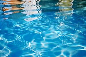 High detailed Close-up of blue water in the pool. Side view. Copy space.Bokeh light ripple background in the pool for walllpaper, background and design art work AI Generative photo