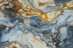 Close up Marble granite light sky-blue and light amber white with gold texture. Background wall surface pattern graphic light elegant gray floor ceramic counter texture stone slab smoot AI Generative photo