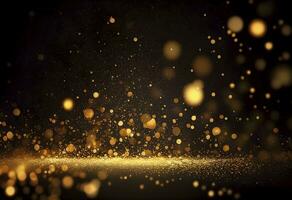 Light abstract glowing bokeh light. Shining star, sun particles and sparks with lens flare effect on black background. Sparkling magical dust particles. Christmas concept AI Generative photo