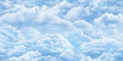 azul cielo con blanco nubes en sin costura repetir modelo diseño. dibujos animados nubes en cielo azul antecedentes para para niños dormitorio fondo de pantalla. mullido nubes en sólido antecedentes ai generativo foto