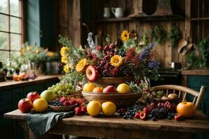 A cozy, rustic kitchen with a wooden table and chairs, a bowl of fresh colorful fruits. AI Generative photo