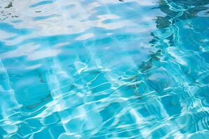 High detailed Close-up of blue water in the pool. Side view. Copy space.Bokeh light ripple background in the pool for walllpaper, background and design art work AI Generative photo