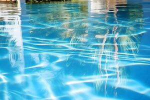 High detailed Close-up of blue water in the pool. Side view. Copy space.Bokeh light ripple background in the pool for walllpaper, background and design art work AI Generative photo