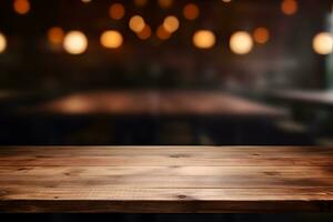 Wood table top on blurred of view of town with light bulb.Background for montage product display or design key visual layout AI Generative photo