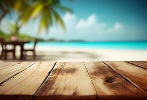 Summer panoramic landscape, nature of tropical beach with wooden platform, sunlight. Golden sand beach, palm trees, sea water against blue sky with white clouds. Copy space summer AI Generative photo