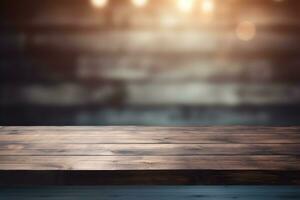 Wood table top on blurred of view of town with light bulb.Background for montage product display or design key visual layout AI Generative photo