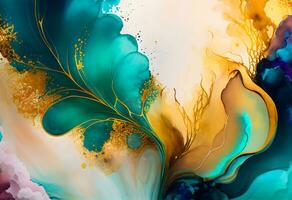 Alcohol ink colors translucent. Abstract multicolored marble texture background. Design wrapping paper, wallpaper. Mixing acrylic paints. Modern fluid art. Alcohol Ink AI Generative photo
