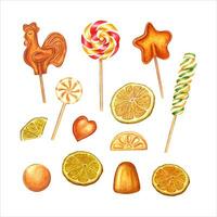 Set of orange caramels, citrus slices. Lollipops of different shapes, fruit jelly, spiral candy. Sugar caramel cockerel on stick, bonbon with striped swirls. Watercolor illustration vector