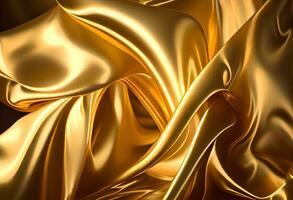 3d rendering Curve Dynamic Gold Fluid Liquid Wallpaper. Light Metal Color Colorful Swirl Gradient Mesh. Bright Yellow Vivid Vibrant Smooth Surface. Blurred Water Neon Gradient Background AI Generative photo