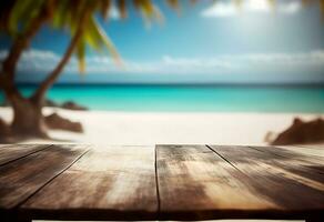 Summer panoramic landscape, nature of tropical beach with wooden platform, sunlight. Golden sand beach, palm trees, sea water against blue sky with white clouds. Copy space summer AI Generative photo