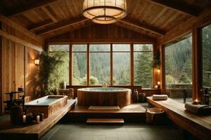a warm, cozy, and inviting large bathroom and thermal spa in the Pacific Northwest. AI Generative photo