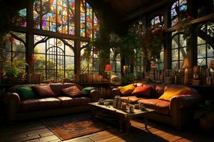 boho style Bohemian living room. AI Generative photo