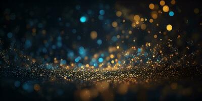 Light abstract glowing bokeh light. Shining star, sun particles and sparks with lens flare effect on black background. Sparkling magical dust particles. Christmas concept. AI Generative photo