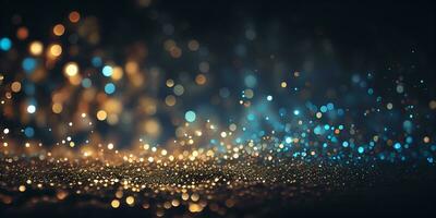 Light abstract glowing bokeh light. Shining star, sun particles and sparks with lens flare effect on black background. Sparkling magical dust particles. Christmas concept. AI Generative photo