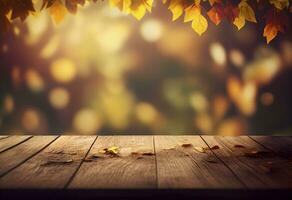 Beautiful autumn nature background with orange gold maple leaves on background of sunlight with soft blurred bokeh and empty wooden table planks AI Generative photo