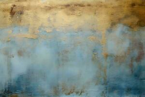 Acrylic blue and gold wall background Abstract painting for banner website texture. Oil art aquamarine and gold, glimmering, light orange and bronze, light gold and white sleek metallic AI Generative photo