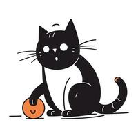 Cute black cat sitting on the floor and playing with a pumpkin. Vector illustration.